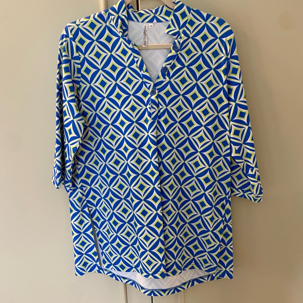 Lulu-B Geometric Blue White Green Button-Down Top